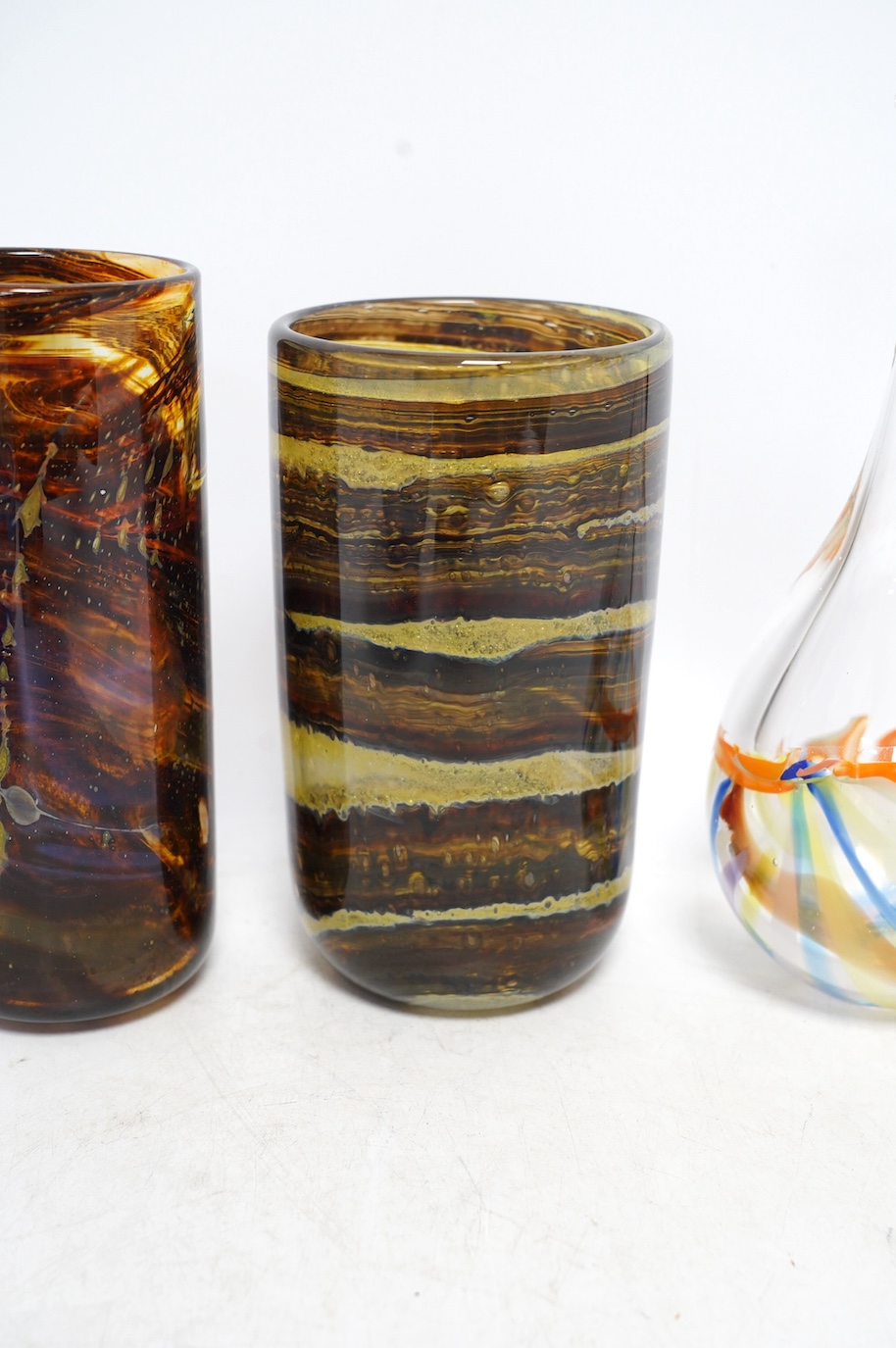 Two Michael Harris glass vases and two Mike Frohlich glass items, tallest 25cm. Condition - good